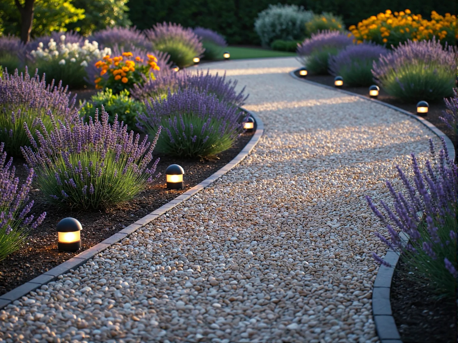 Efektowne rozmieszczenie lamp ogrodowych wzdłuż krętej ścieżki, tworzące ciepły nastrój po zmroku.