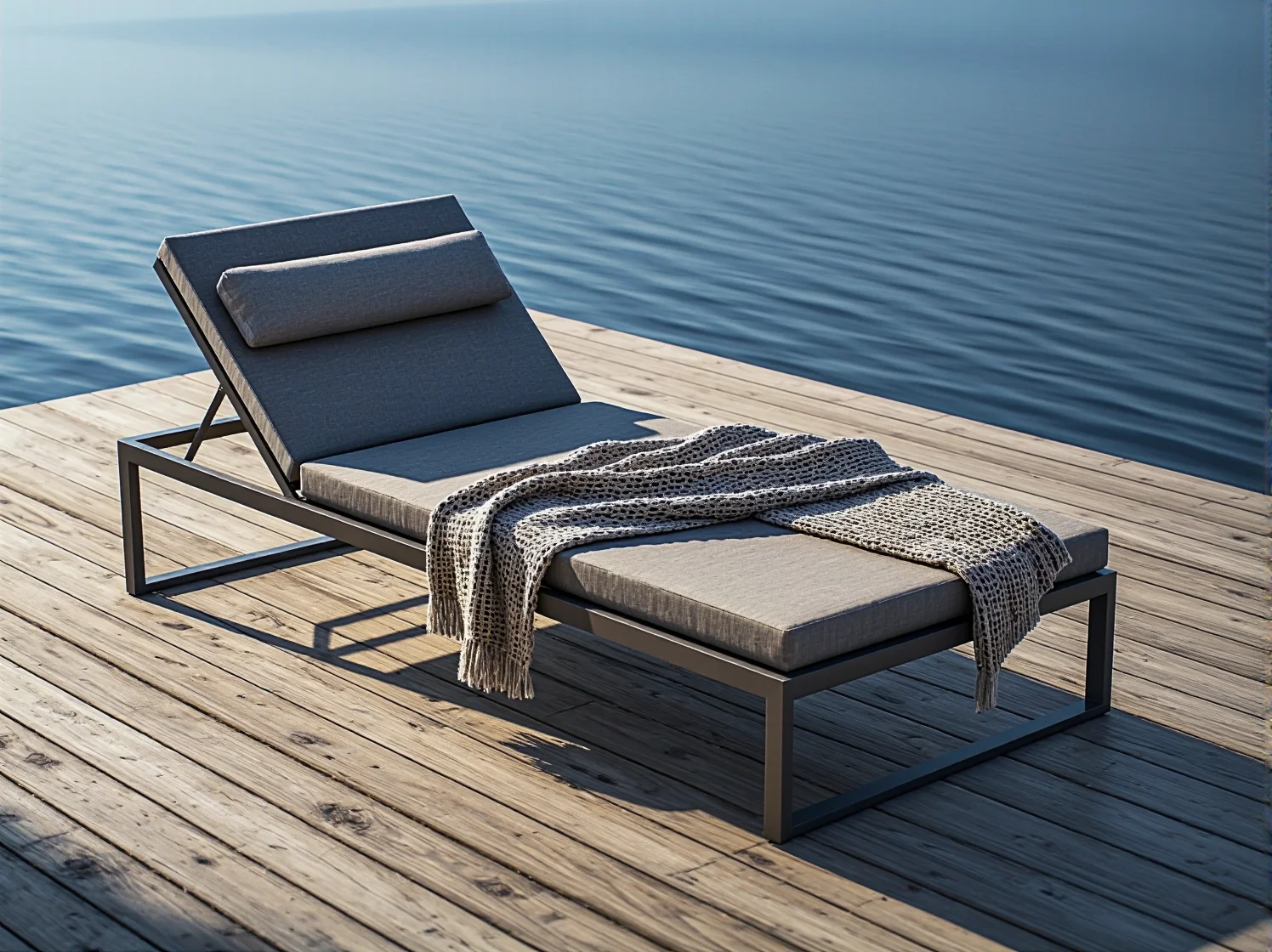 Dwa wygodne leżaki ogrodowe na pomoście nad jeziorem, idealne do relaksu i opalania w słoneczny dzień.