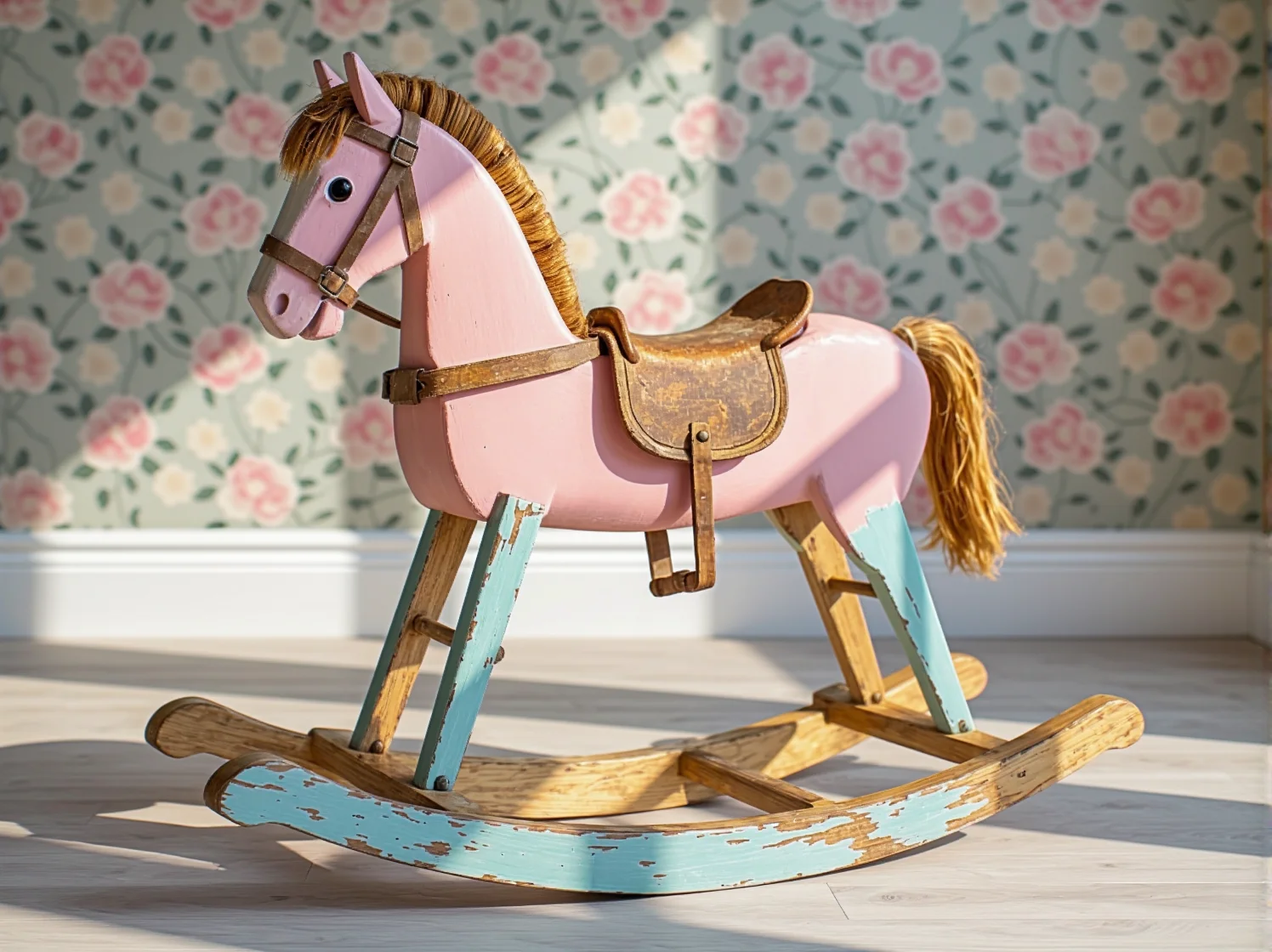 Klasyczne łóżeczko niemowlęce w stylu retro na tle tapety w delikatne kwiatowe wzory.