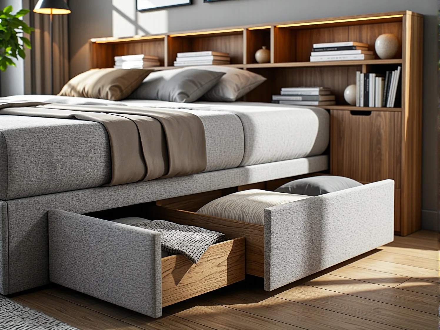 Łóżko z pojemnikami na pościel to inteligentne rozwiązanie do małej sypialni, które zapewnia porządek i więcej miejsca.