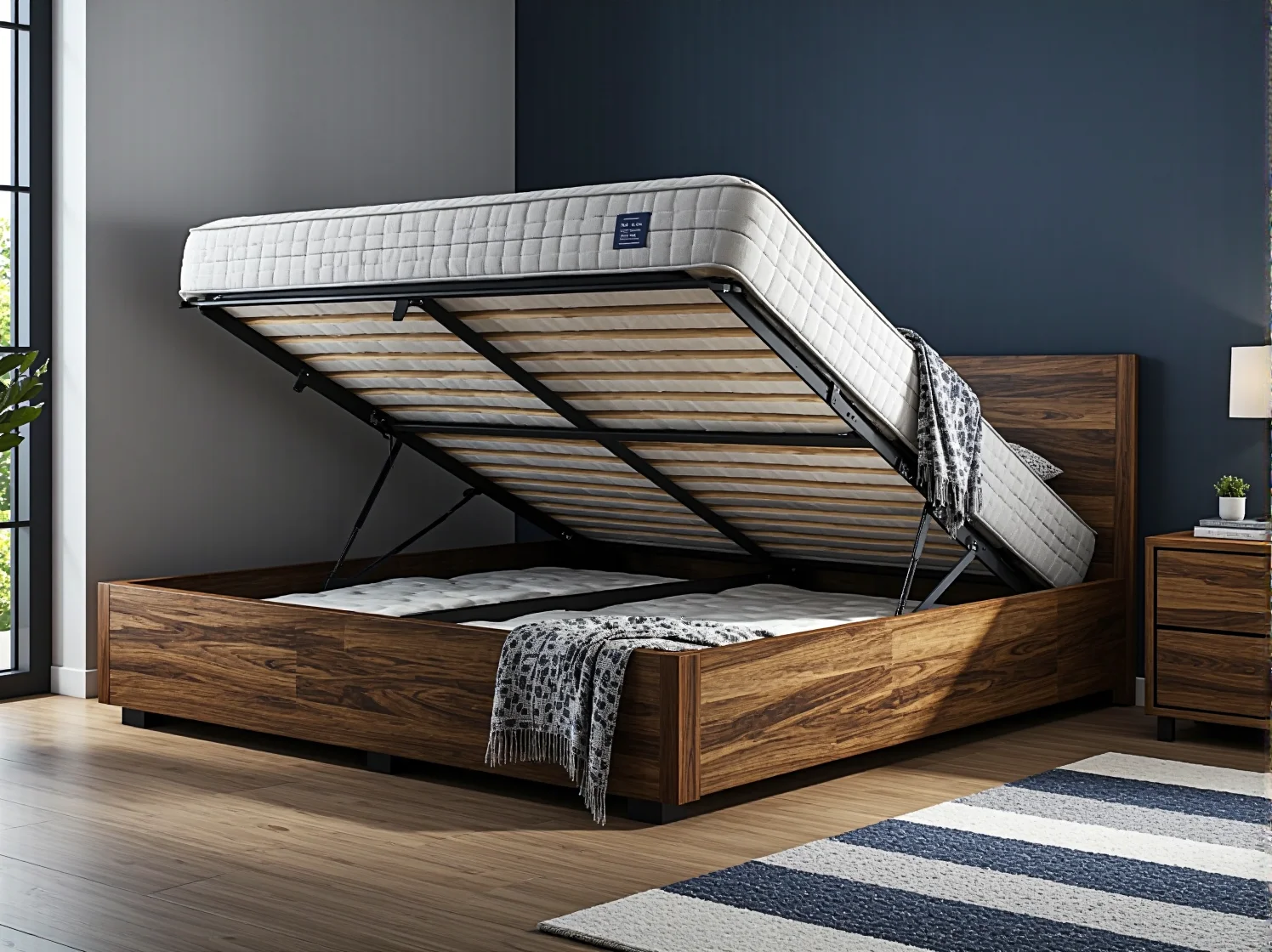 Funkcjonalne łóżko z podnoszonym materacem, ukazujące pojemny schowek na walizki i inne przedmioty.