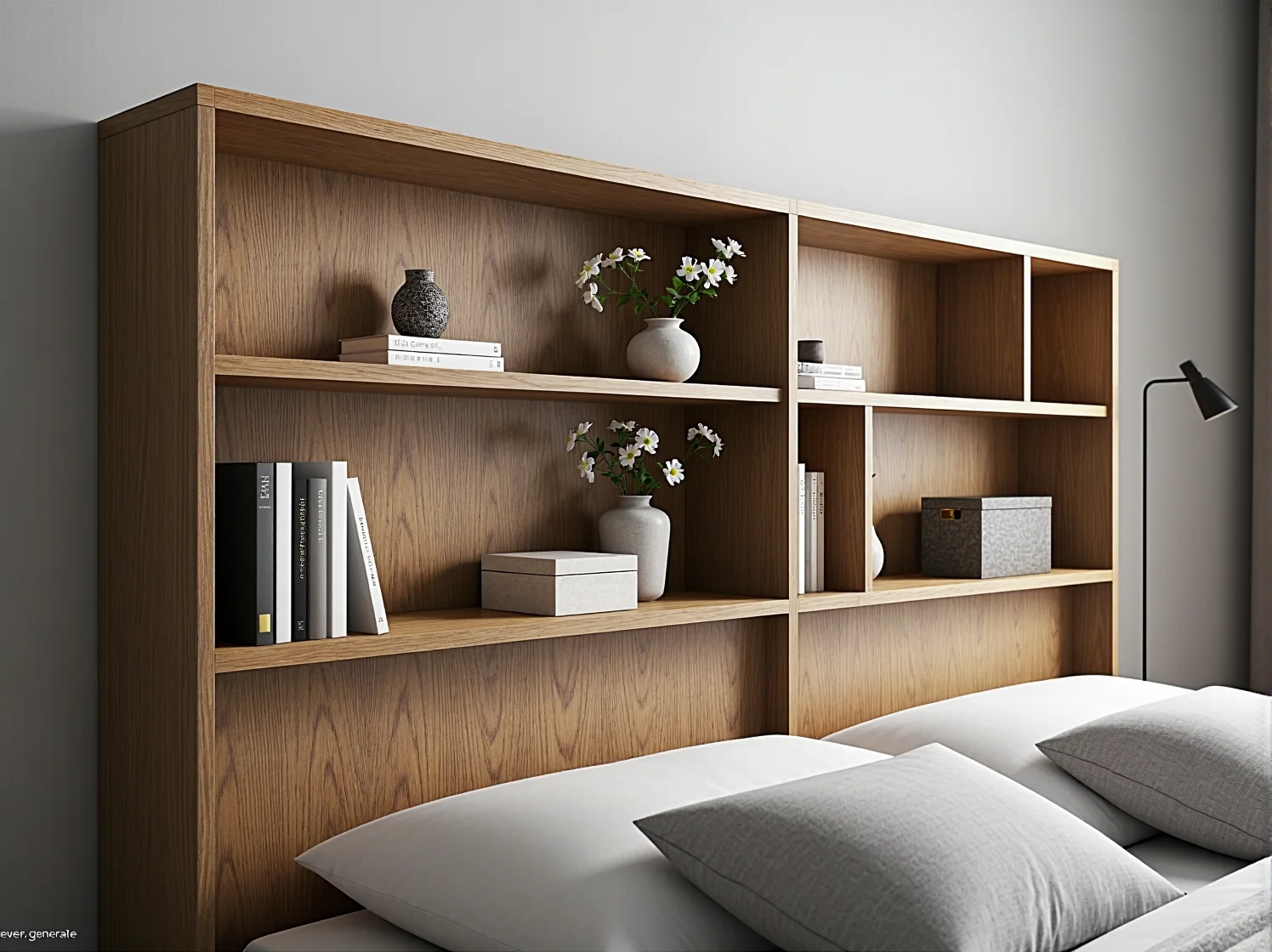 Drewniane łóżko z półkami w zagłówku jako sprytne miejsce do przechowywania książek i dekoracji.