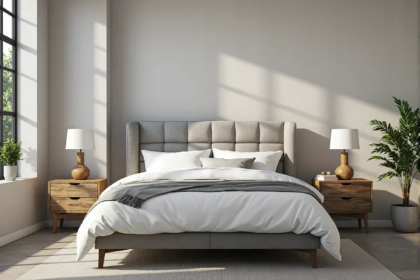 Tapicerowane łóżko szare z pikowanym zagłówkiem i schowkiem