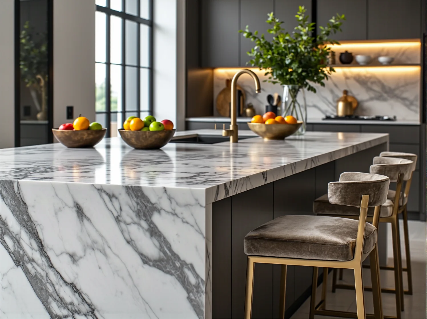 Zbliżenie na marmurowy blat i czarne fronty szafek w luksusowej kuchni glamour z eleganckimi uchwytami.