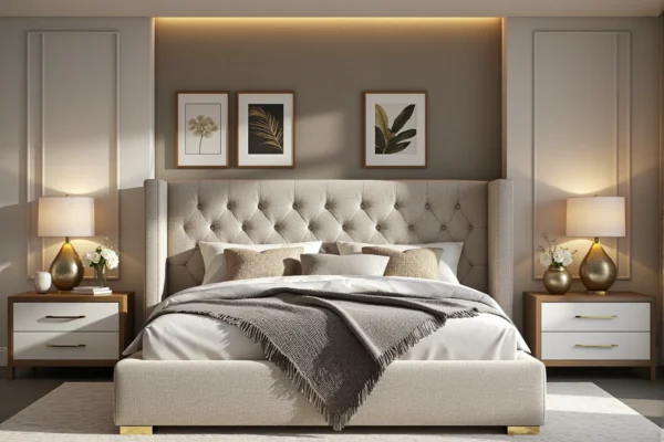 Eleganckie łóżko tapicerowane beżowe z pikowanym zagłówkiem