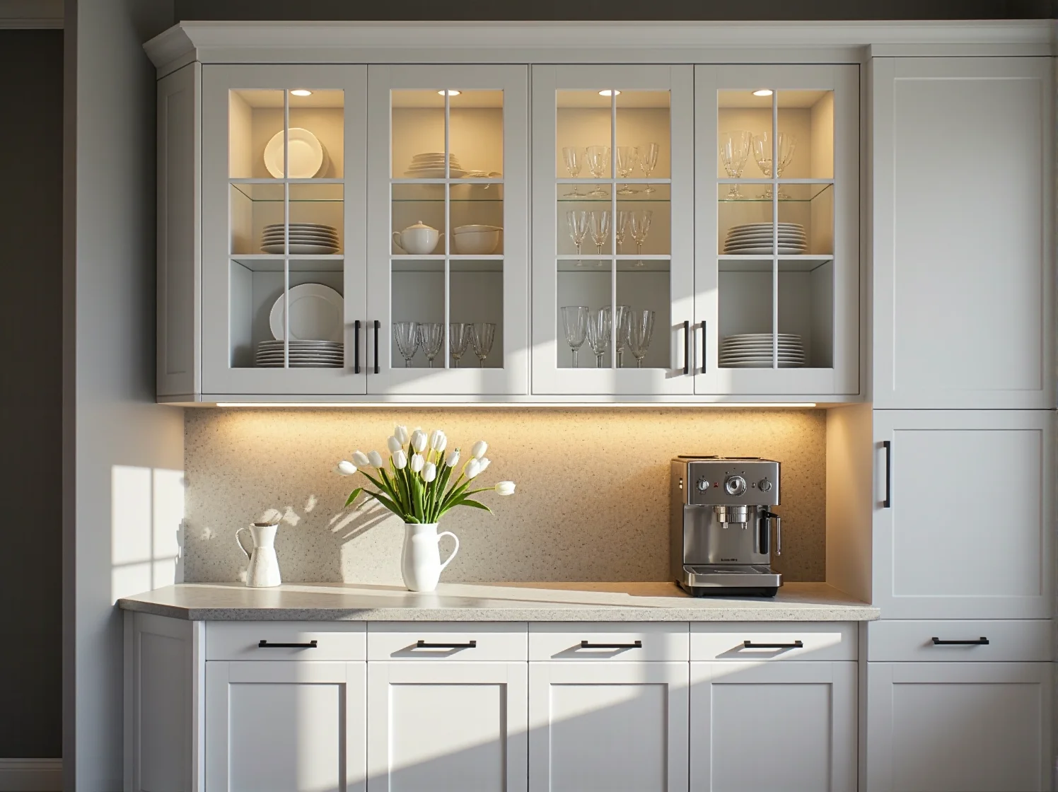 Białe szafki kuchenne na wysoki połysk w stylu glamour z dekoracyjnymi listwami i lustrzanymi dodatkami.