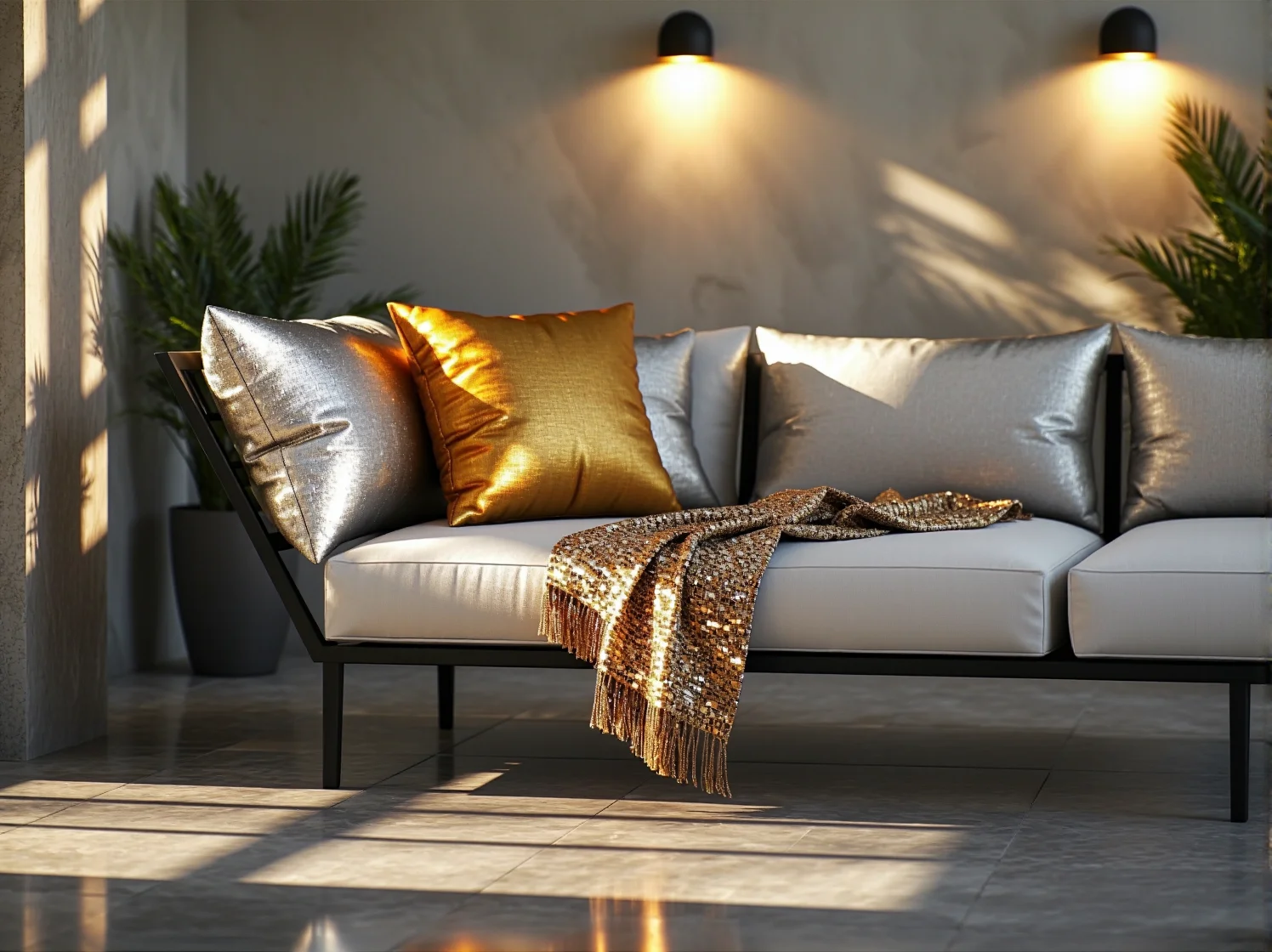 Stylowe meble wypoczynkowe na tarasie glamour, w tym sofa, fotele i stolik kawowy w eleganckiej aranżacji.