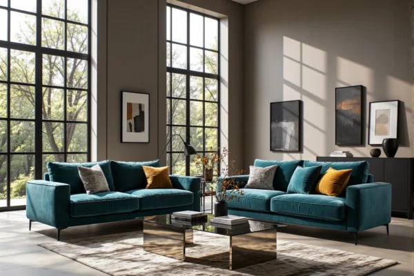 Turkusowa sofa trzyosobowa na metalowych nóżkach z poduszkami