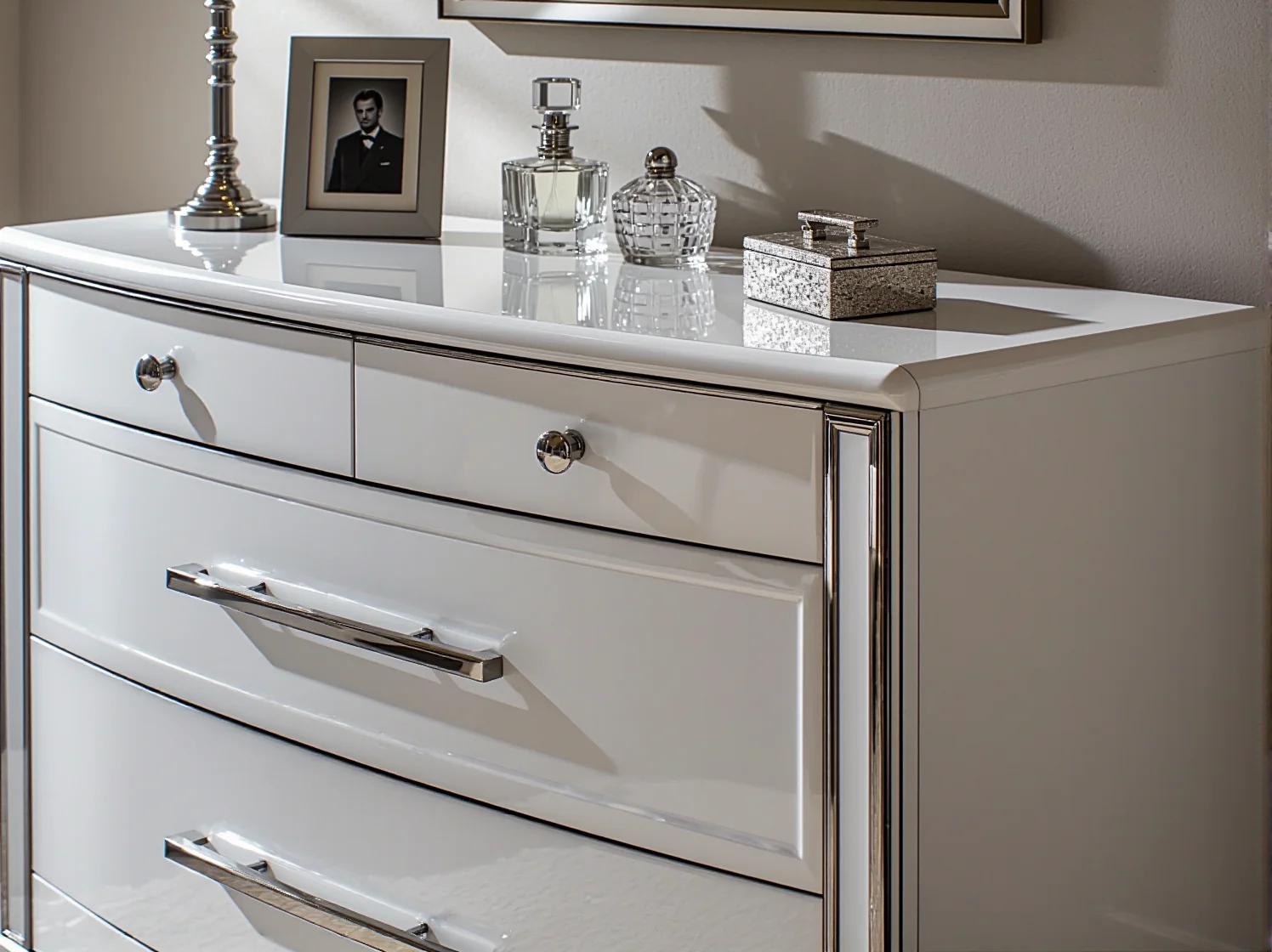 Lustrzana komoda glamour odbijająca światło, dodająca blasku i przestrzeni w sypialni.