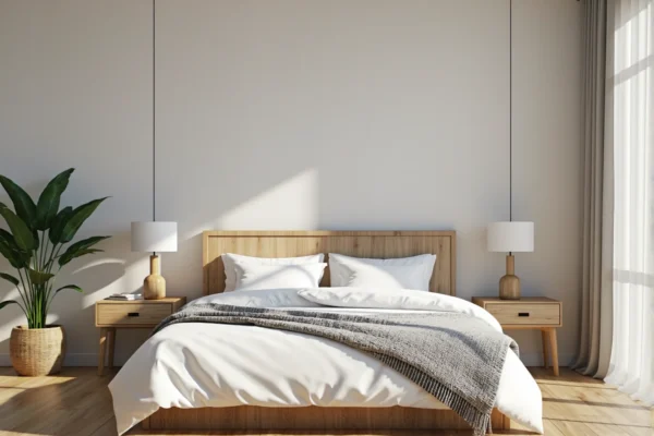 Łóżko drewniane dąb craft z białą pościelą antyalergiczną