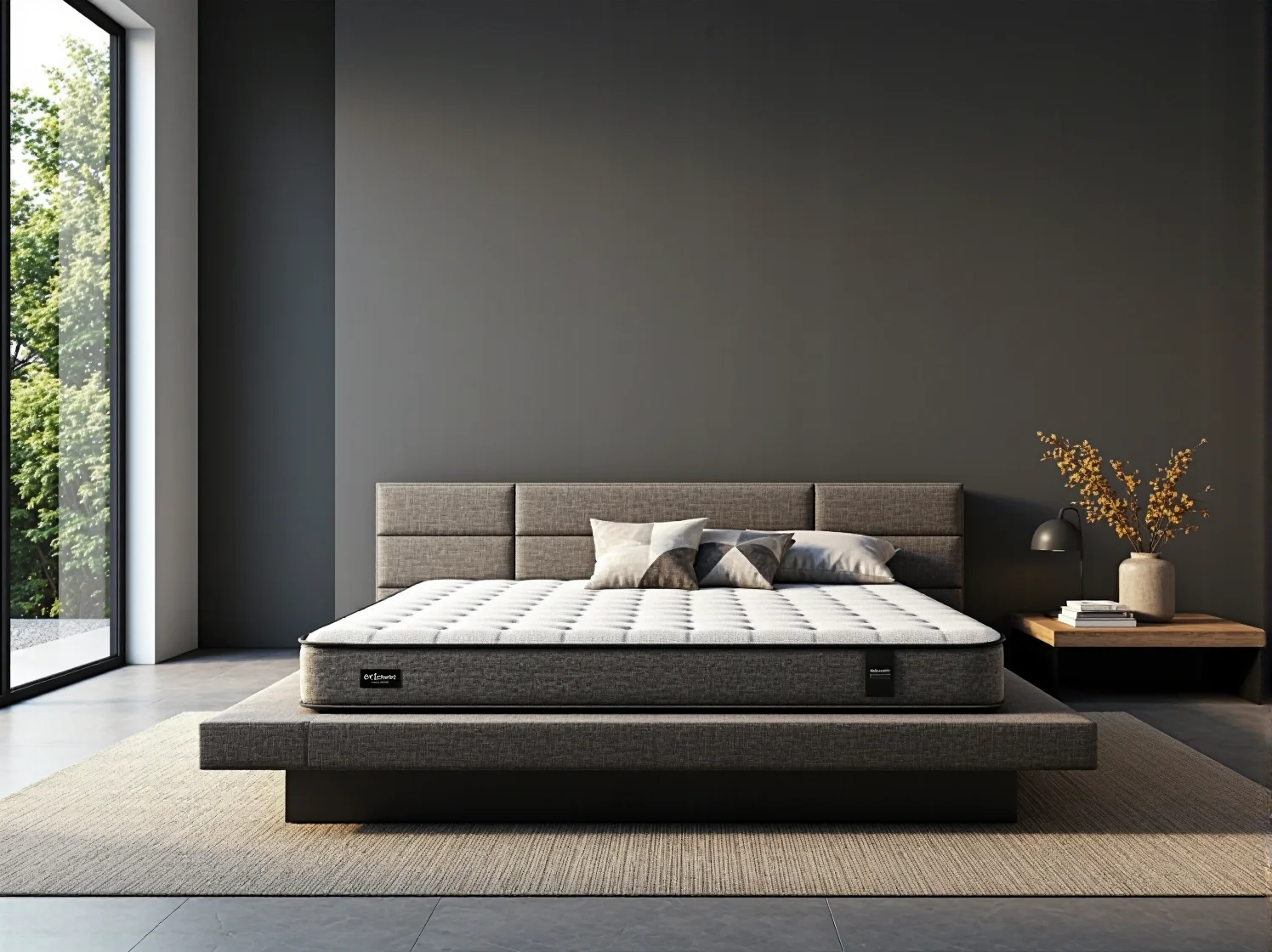 Mężczyzna budzący się rano wypoczęty i bez bólu pleców dzięki komfortowi materaca termoelastycznego.