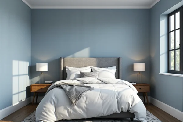 Łóżko tapicerowane szare z wysokim zagłówkiem i białą pościelą