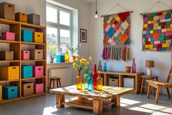 Regał drewniany sosnowy z kolorowymi pudełkami do przechowywania