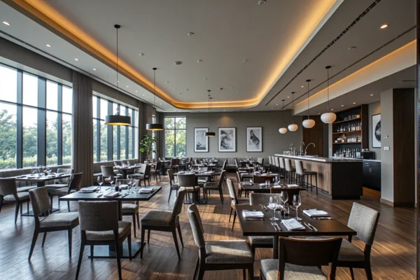 Eleganckie krzesła restauracyjne orzech z tapicerowanym siedziskiem szarym