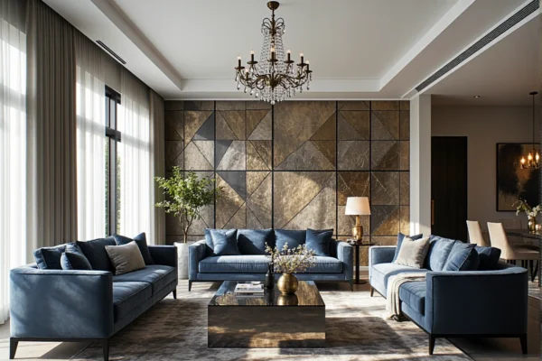 Zestaw wypoczynkowy glamour niebieski aksamit z czarnym stolikiem