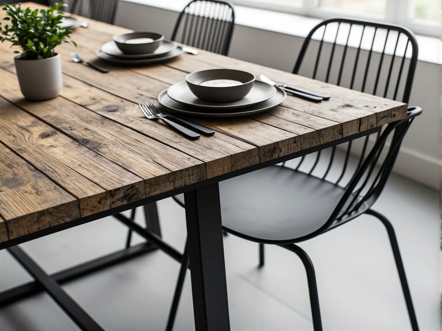 Stoliki i krzesła w industrialnej restauracji. Surowe, metalowe elementy połączone z ciepłym drewnem.