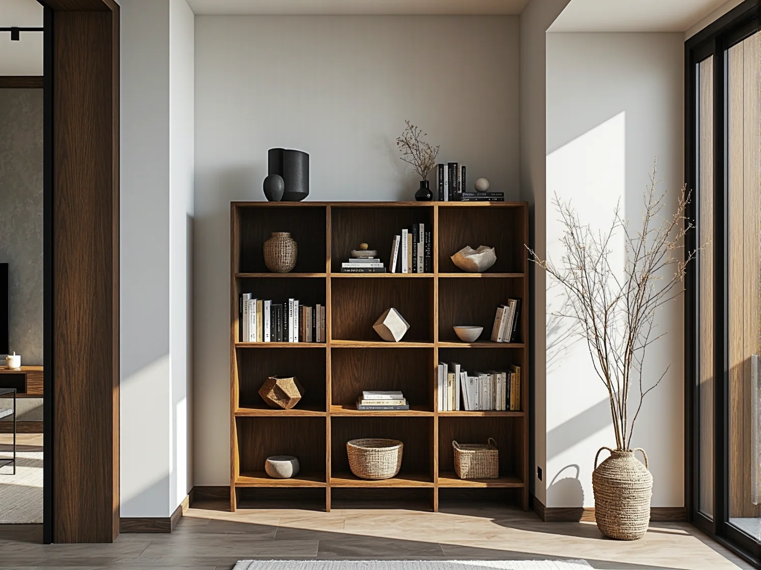 Nowoczesny regał na książki japandi idealny do sypialni.