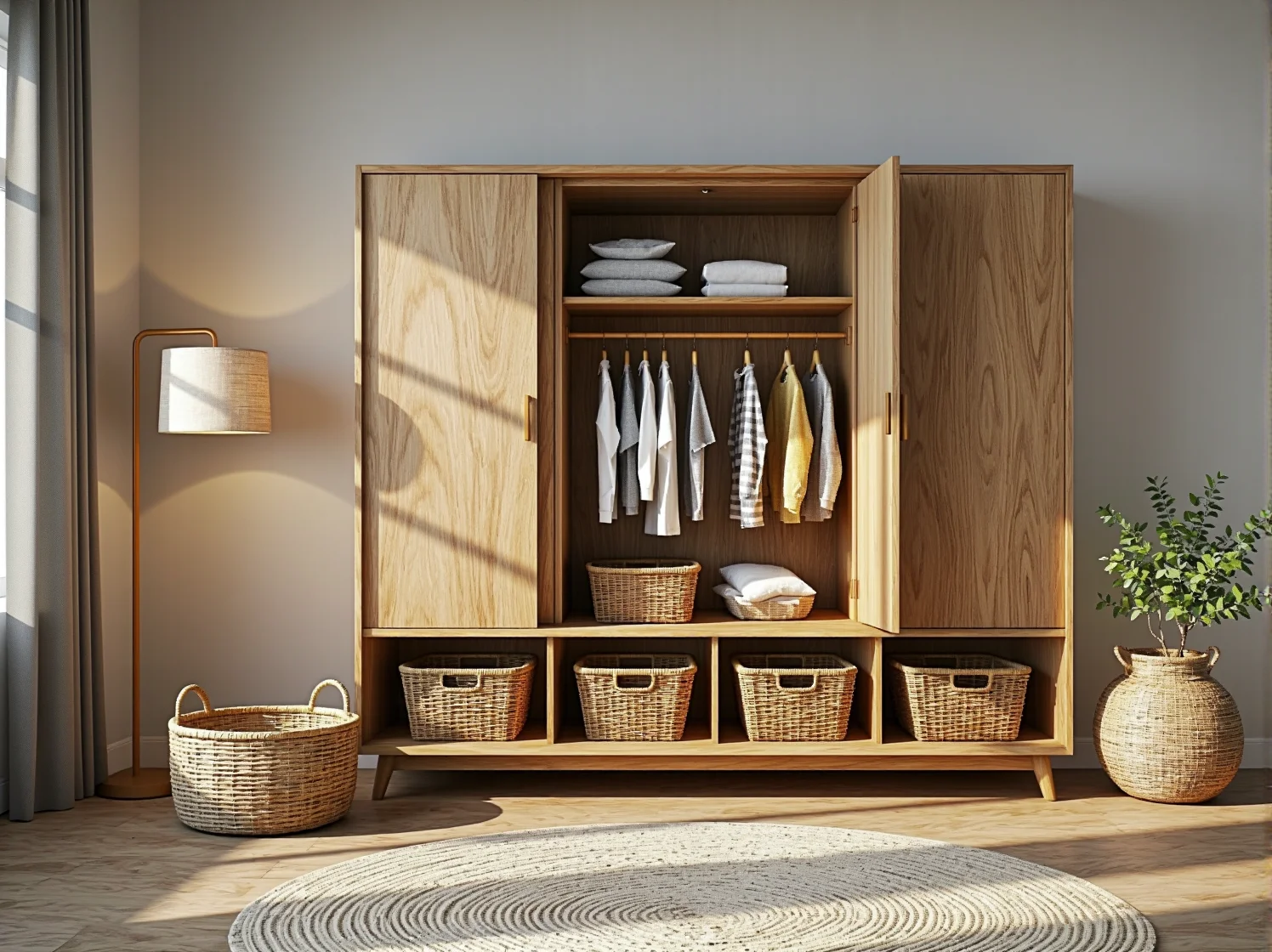 Jasna aranżacja kącika dla niemowlaka w stylu japandi, łącząca japoński i skandynawski design.