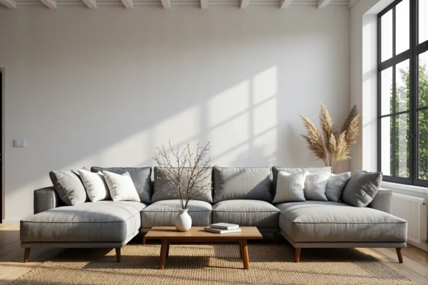 Szary narożnik modułowy w stylu skandynawskim na drewnianych nóżkach
