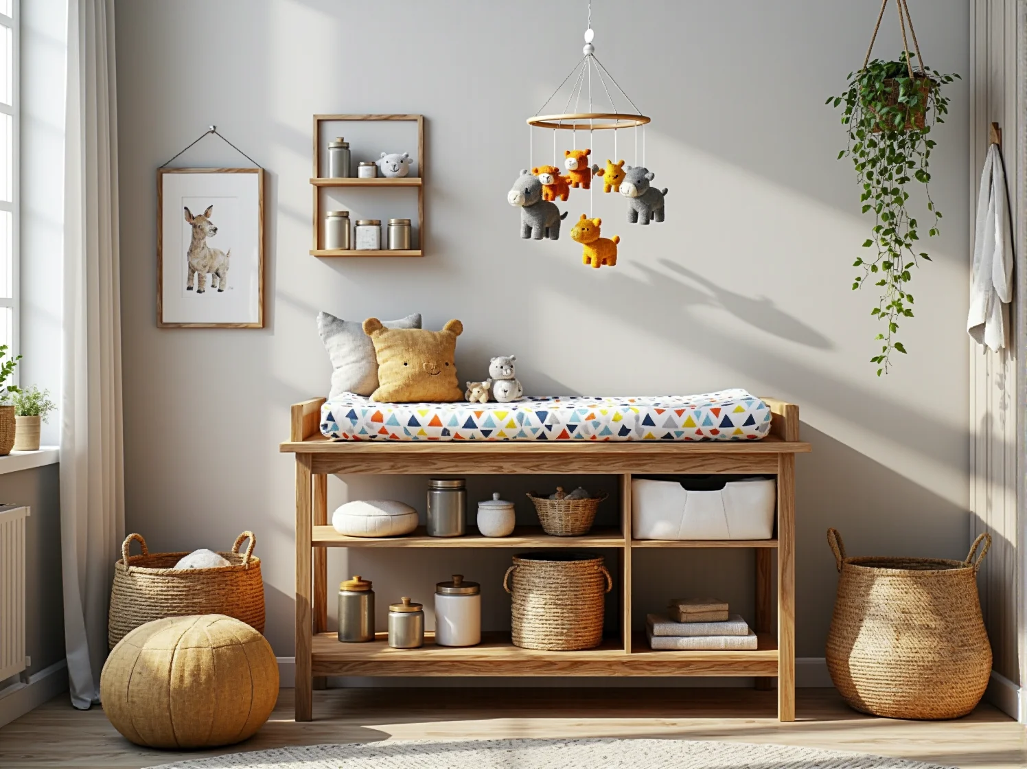 Drewniana komoda z przewijakiem i dekoracje ścienne w klimacie vintage do pokoju dziecka.