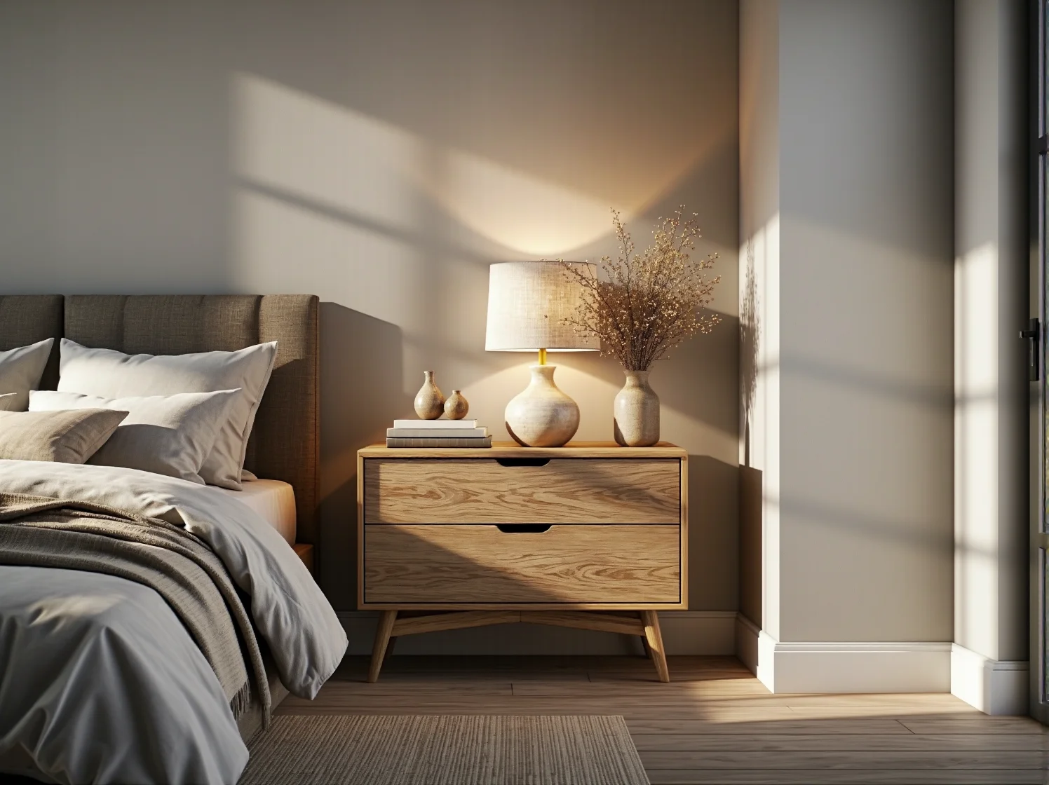 Funkcjonalna komoda skandynawska z recyklingu w salonie, ozdobiona rośliną doniczkową i ramką ze zdjęciem.