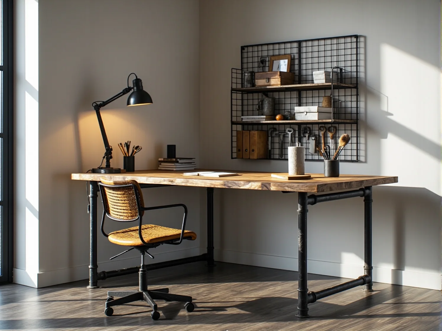 Stylowa konsola industrialna z surowego, odzyskanego metalu z widoczną teksturą i niedoskonałościami.