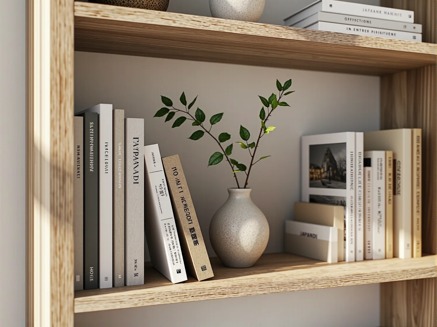 Drewniany regał łączący japoński minimalizm i skandynawską funkcjonalność.