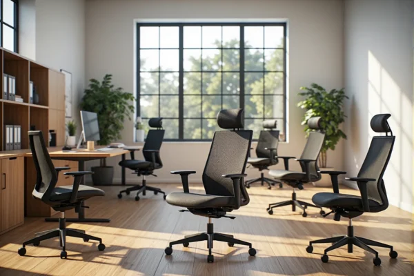 Ergonomiczne krzesła biurowe szare z zagłówkiem i podłokietnikami