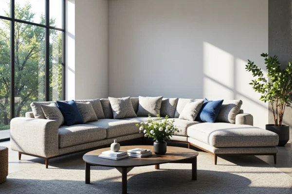 Narożnik tapicerowany szary z poduszkami na drewnianych nóżkach