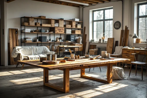 Drewniany stół roboczy z narzędziami do renowacji mebli