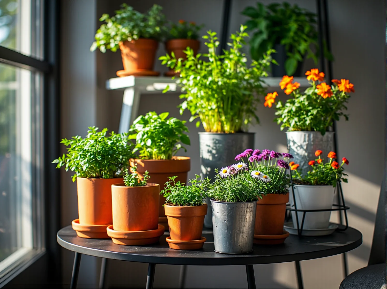 Nastrojowe oświetlenie tarasu z widokiem na miasto – girlandy świetlne i lampiony po zmroku.