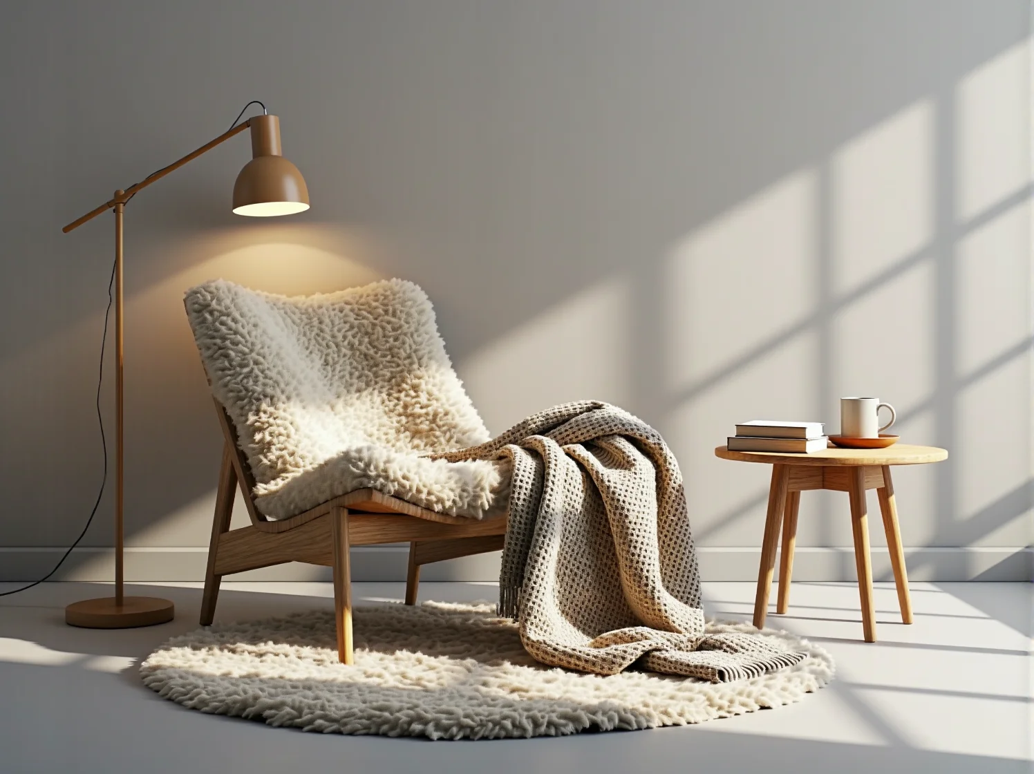 Zbliżenie na lniane poduszki i wełniany pled na sofie, dodające ciepła minimalistycznemu salonowi w stylu skandynawskim.