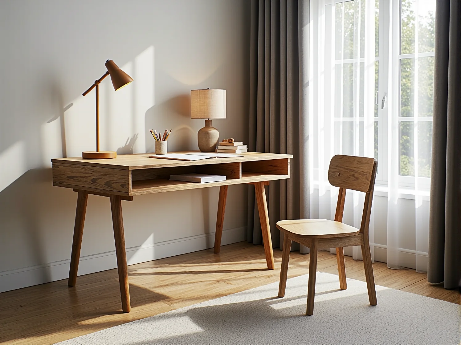 Rodzic sprawdzający certyfikat na nietoksycznym, drewnianym krzesełku, zwracając uwagę na bezpieczne materiały mebli.