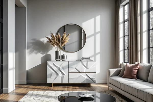 Biała komoda glamour z geometrycznym frontem na złotych nóżkach