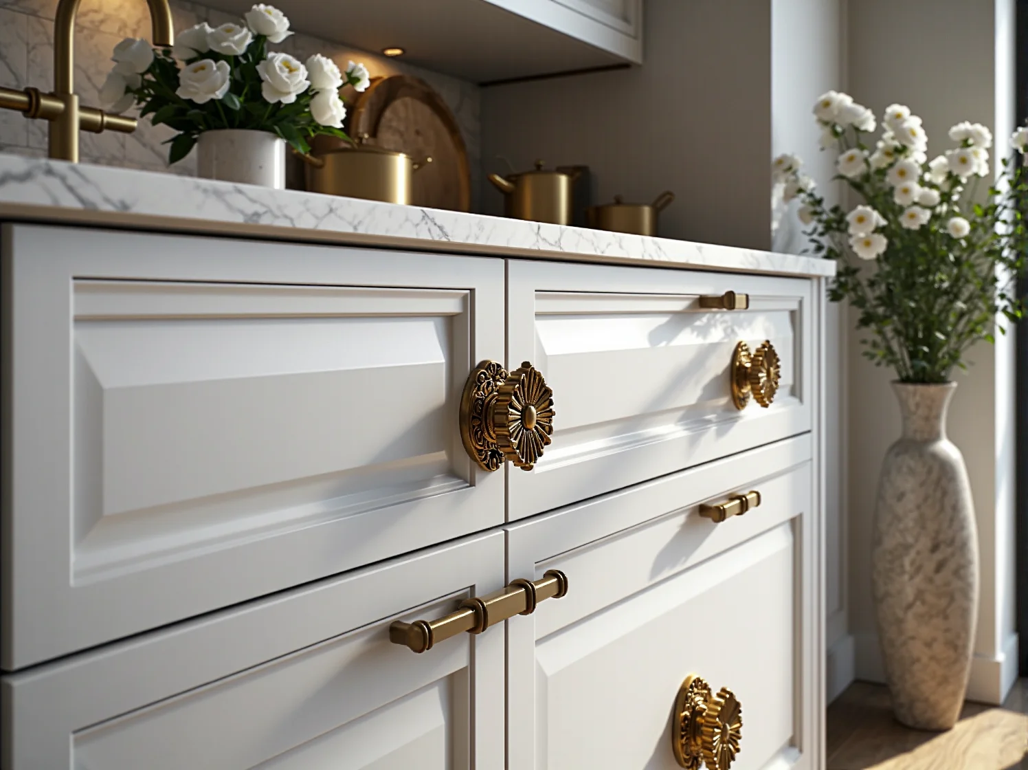 Jasna kuchnia w stylu glamour z białymi meblami, złotą armaturą i pikowanymi hokerami przy wyspie kuchennej.