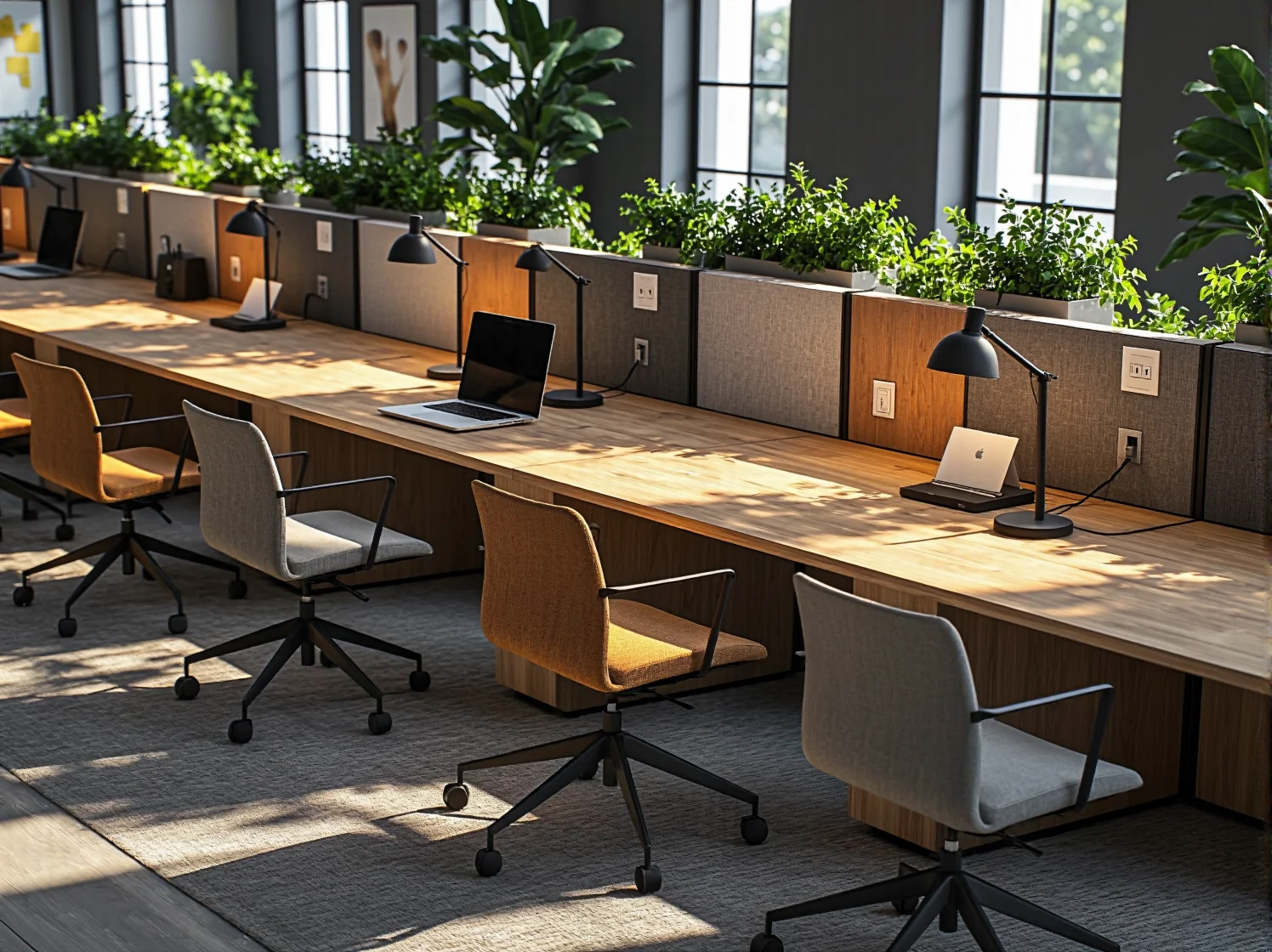 Stylowe krzesła ustawione wokół stołu w sali konferencyjnej w coworkingu, gotowe na spotkanie biznesowe.