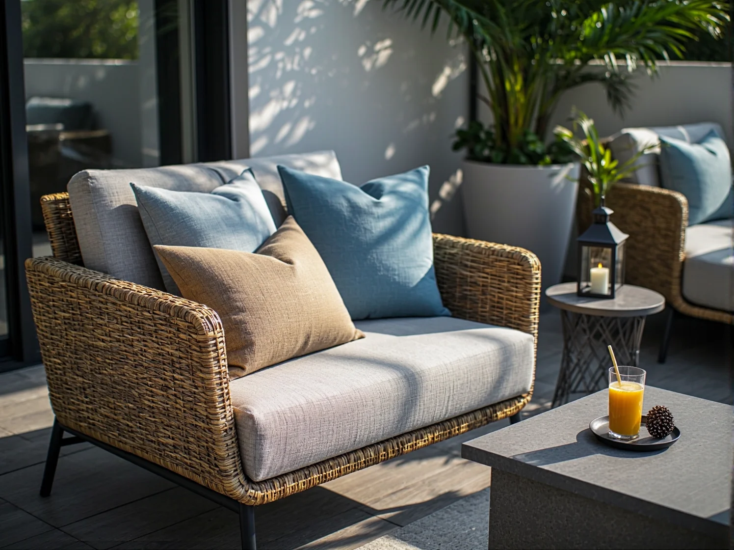 Nowoczesne meble ogrodowe na stylowym tarasie hotelowym, w tym sofa, fotele i stolik kawowy.