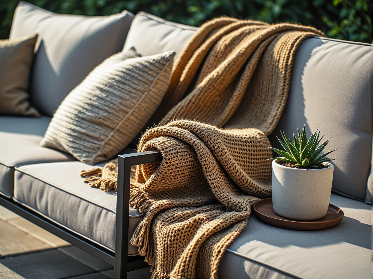 Nowoczesne meble na taras w mieście – szara sofa modułowa z poduszkami i stolikiem kawowym.