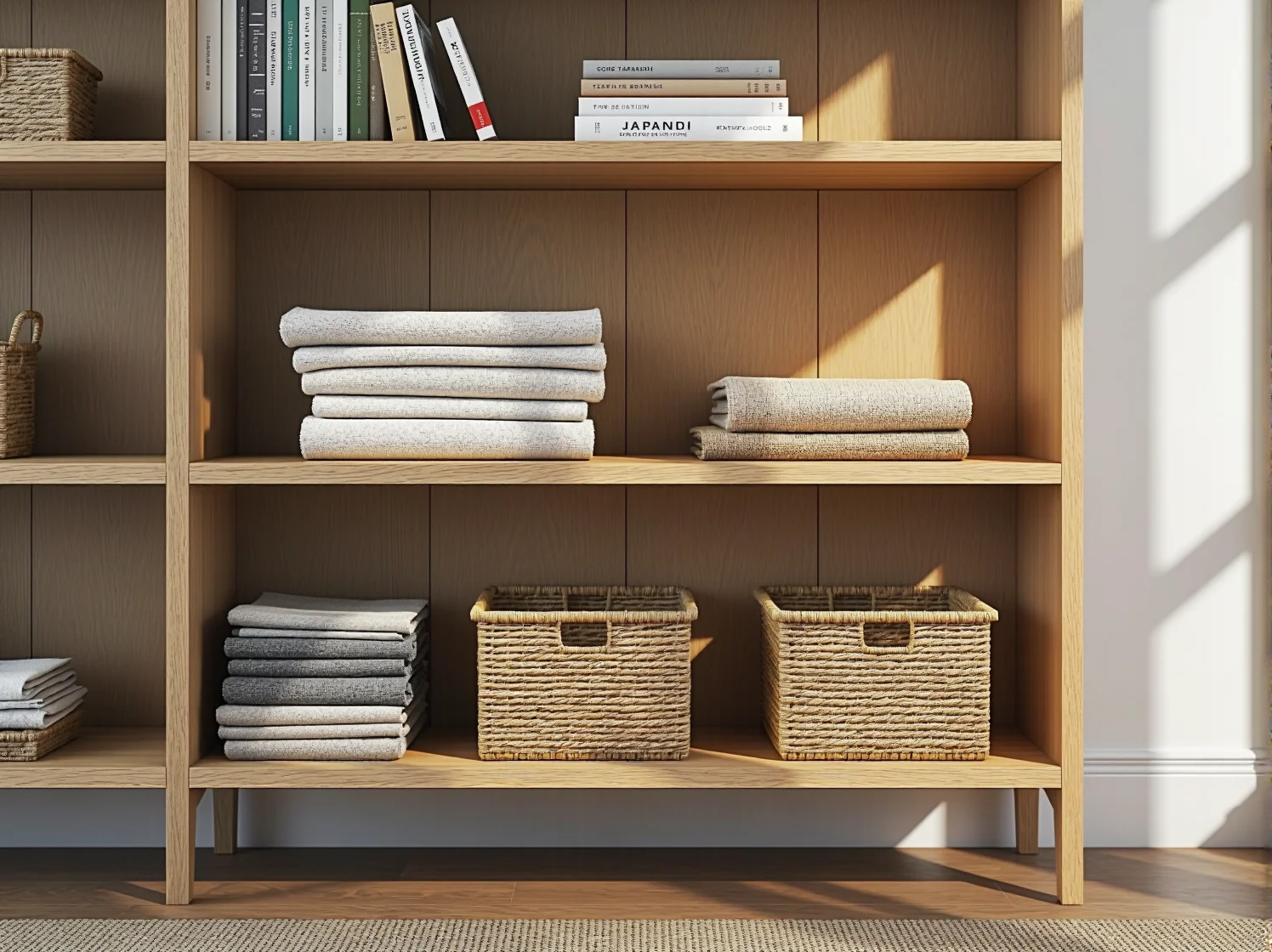 Stylowy regał w stylu japandi z naturalnego drewna na książki i dekoracje.