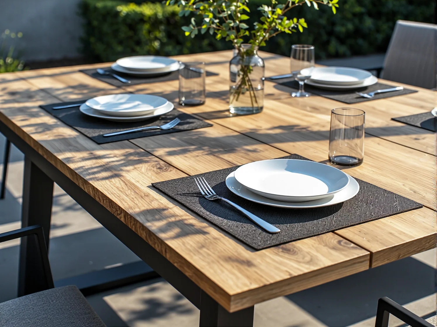 Detal blatu stołu ogrodowego z drewna tekowego. Trwałe i minimalistyczne meble ogrodowe w naszym rankingu.