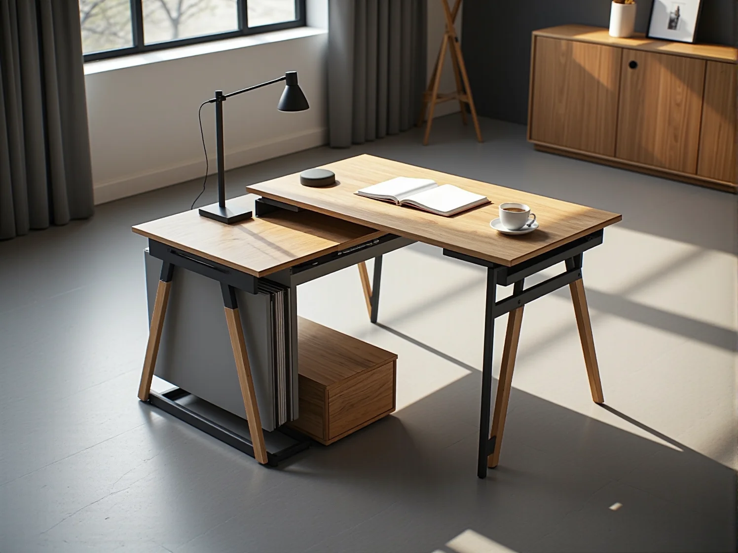 Zbliżenie na solidny mechanizm składania stołu. Wysokiej jakości, trwały stół rozkładany na lata.