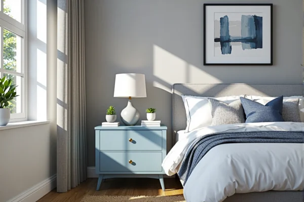 Błękitna szafka nocna z dwiema szufladami i złotymi uchwytami