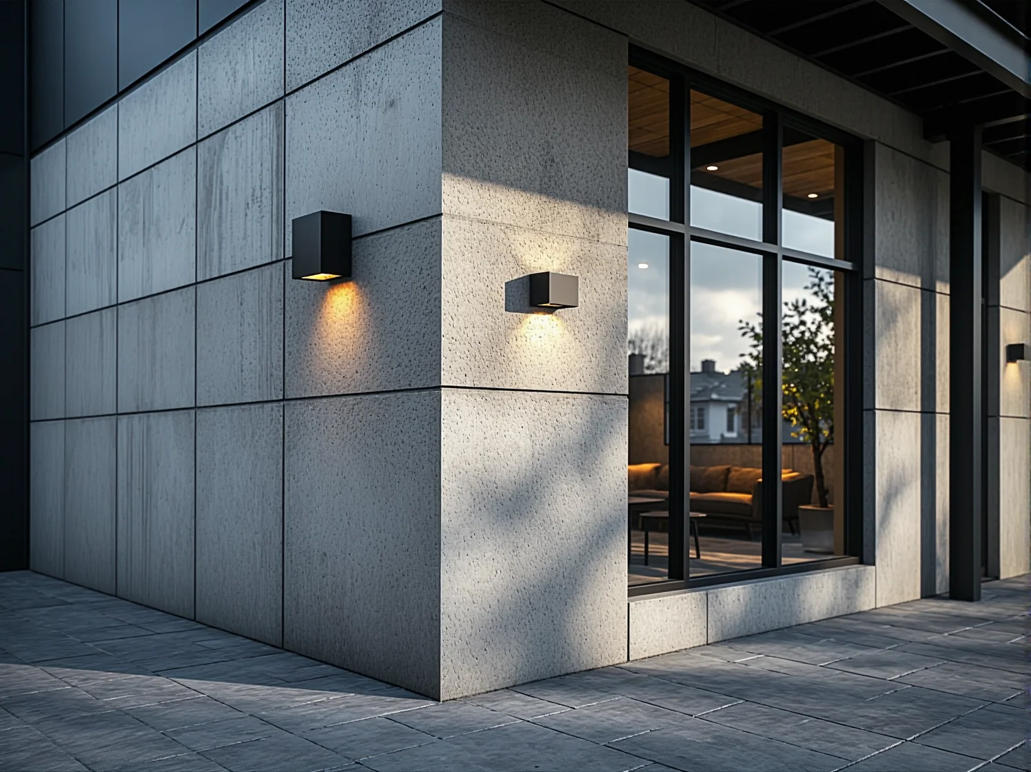 Stylowe lampy zewnętrzne tworzące klimatyczne oświetlenie domu w stylu loft.