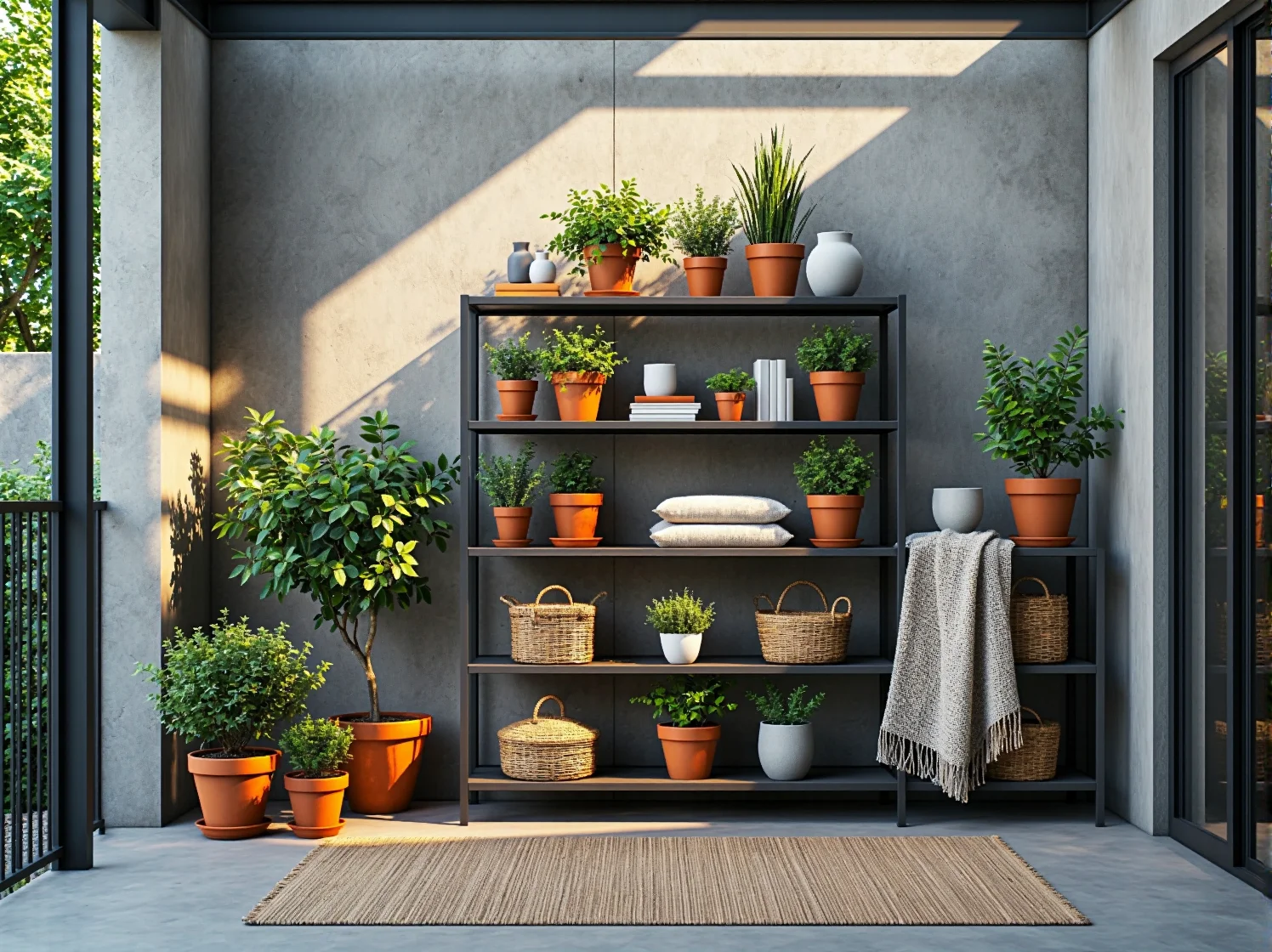 Czarne, metalowe lampy wiszące oświetlające wieczorem strefę wypoczynku na industrialnym tarasie.