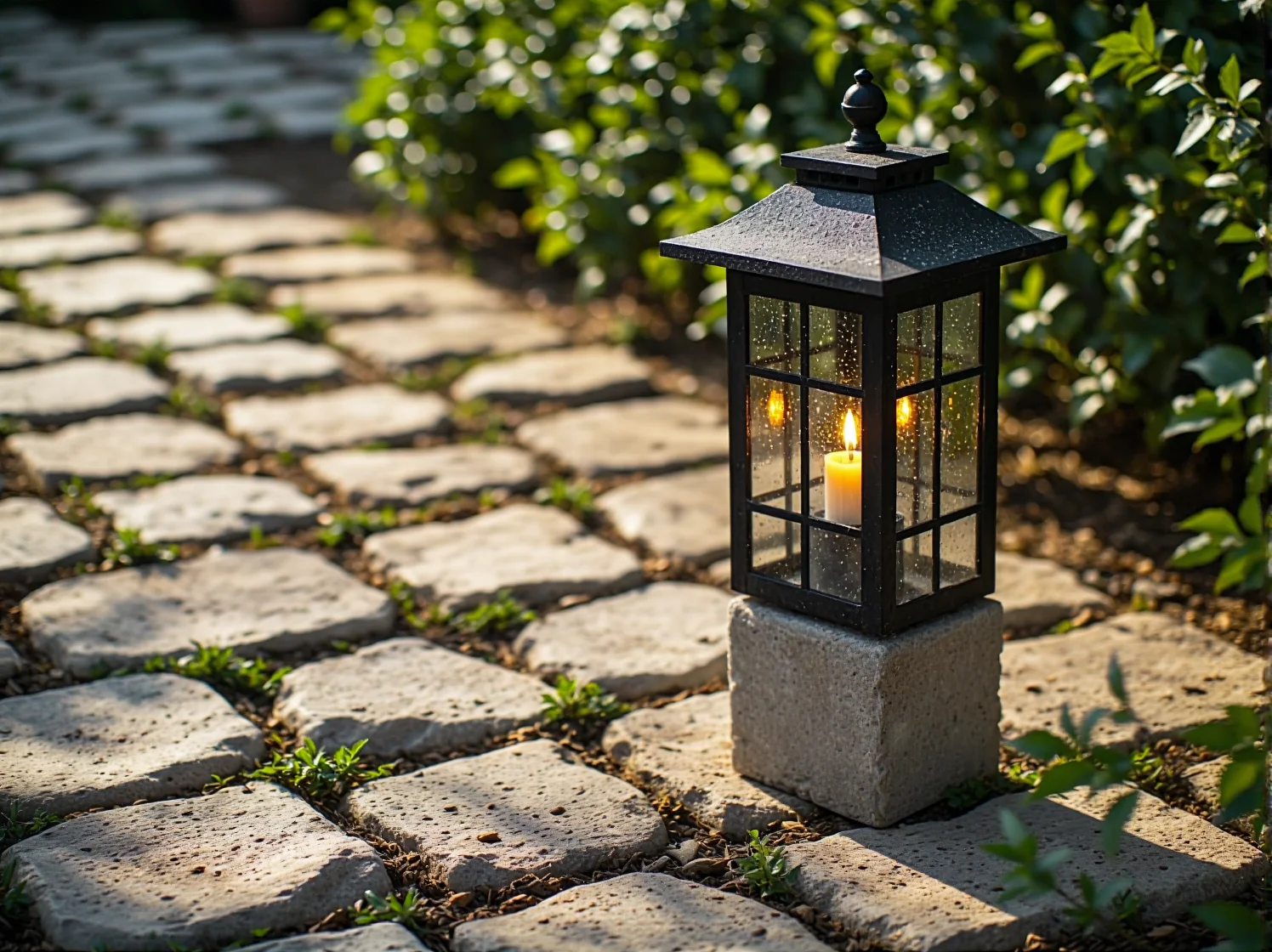 Zbliżenie na kutą, czarną lampę ogrodową stojącą przy kamiennej ścieżce w prowansalskim ogrodzie.