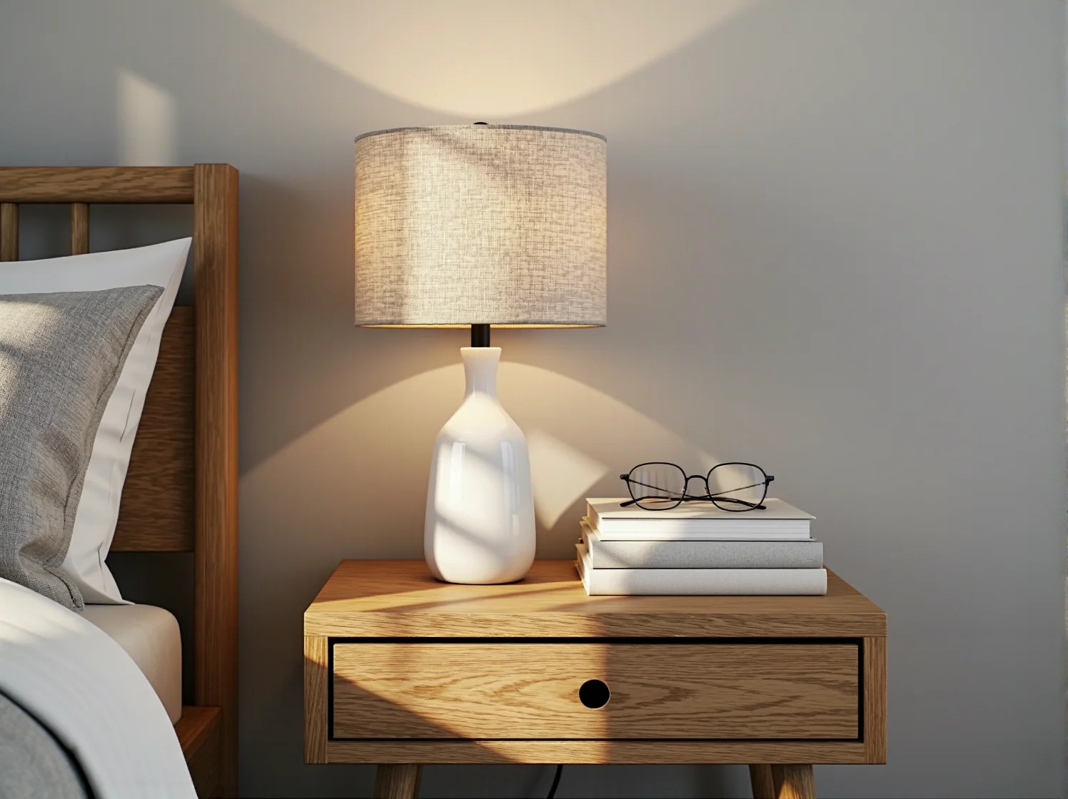 Jasna sypialnia w stylu skandynawskim z centralną lampą i drewnianymi meblami. Inspiracja na oświetlenie do sypialni.