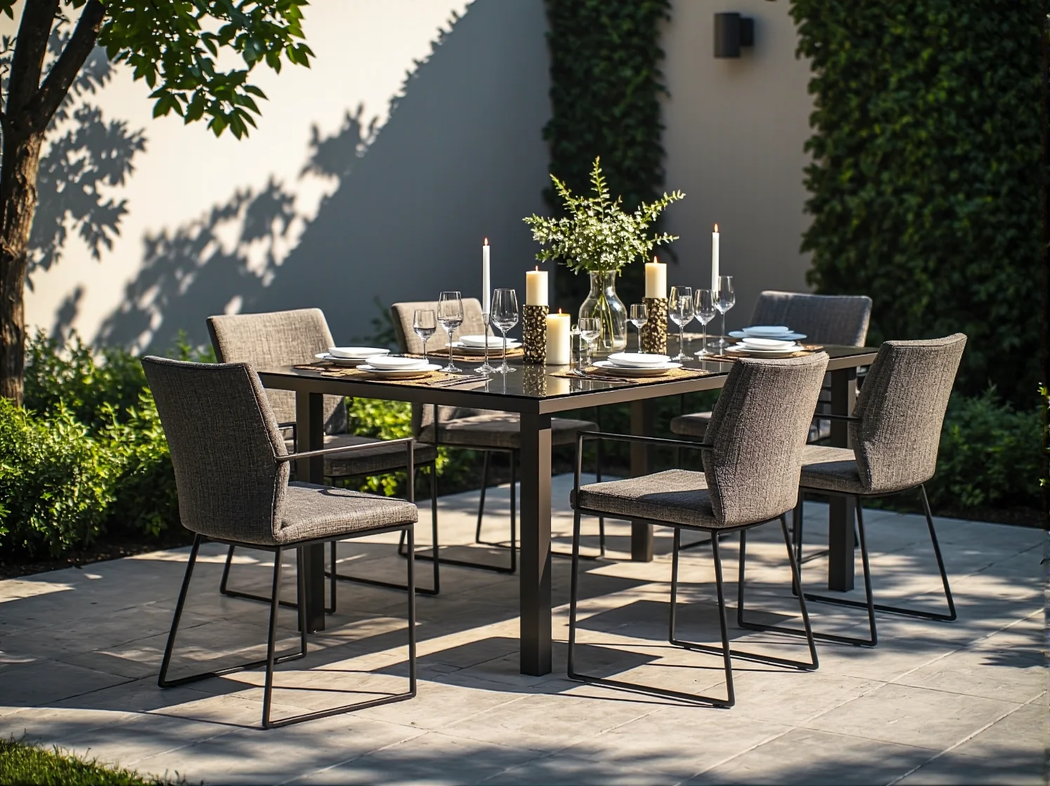 Nastrojowe oświetlenie tarasu w stylu glamour – wiszące lampiony, girlandy świetlne i świece tworzą magiczny klimat.