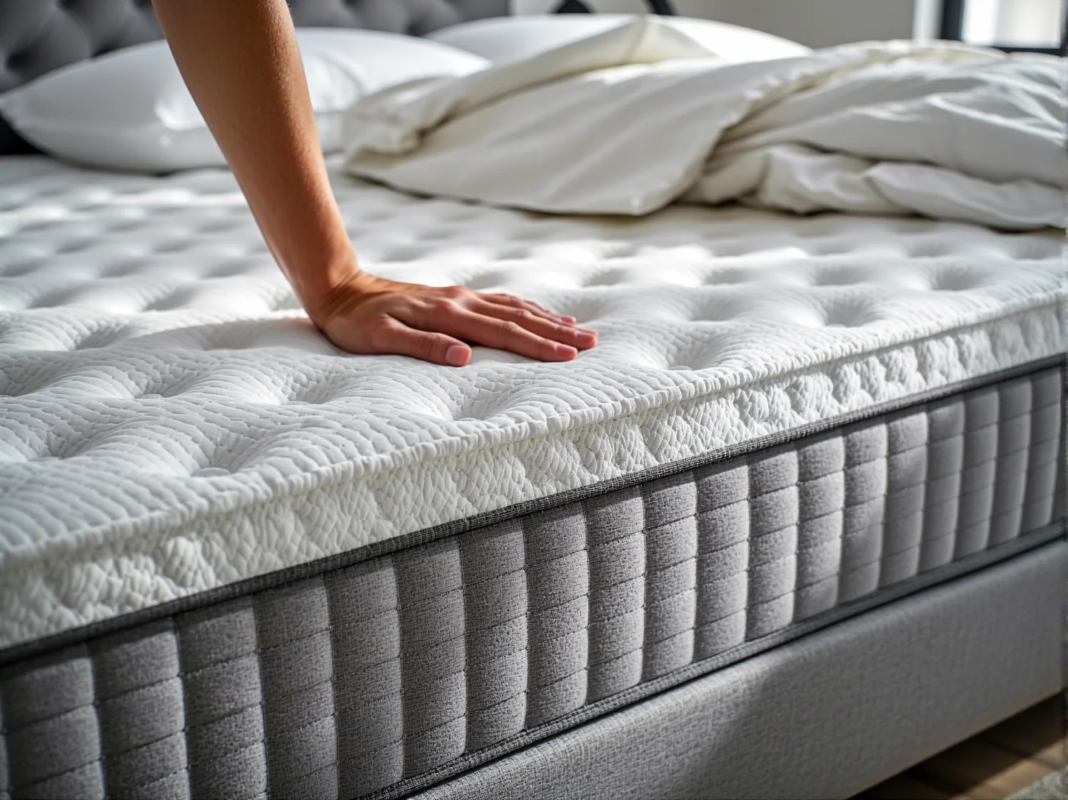 Zbliżenie na strukturę pianki visco w materacu termoelastycznym, reagującej na ciepło i nacisk ciała.