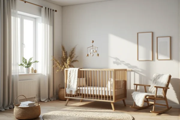 Drewniane łóżeczko niemowlęce z szczebelkami na skośnych nóżkach