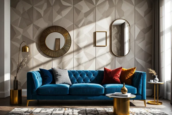 Elegancka sofa glamour niebieska welurowa z pikowanym oparciem